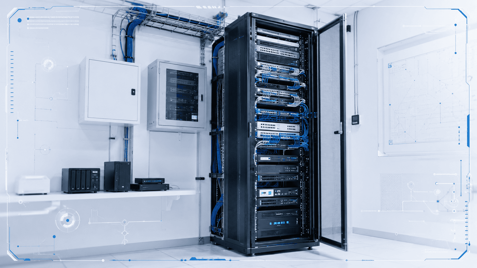 Rack, cablaggio ordinato e apparati di rete gestiti.