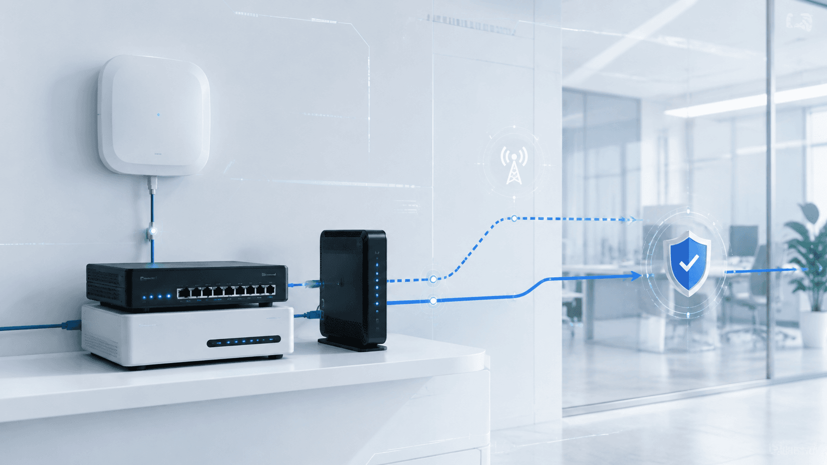 Apparati di rete, access point e linea di backup in sede.