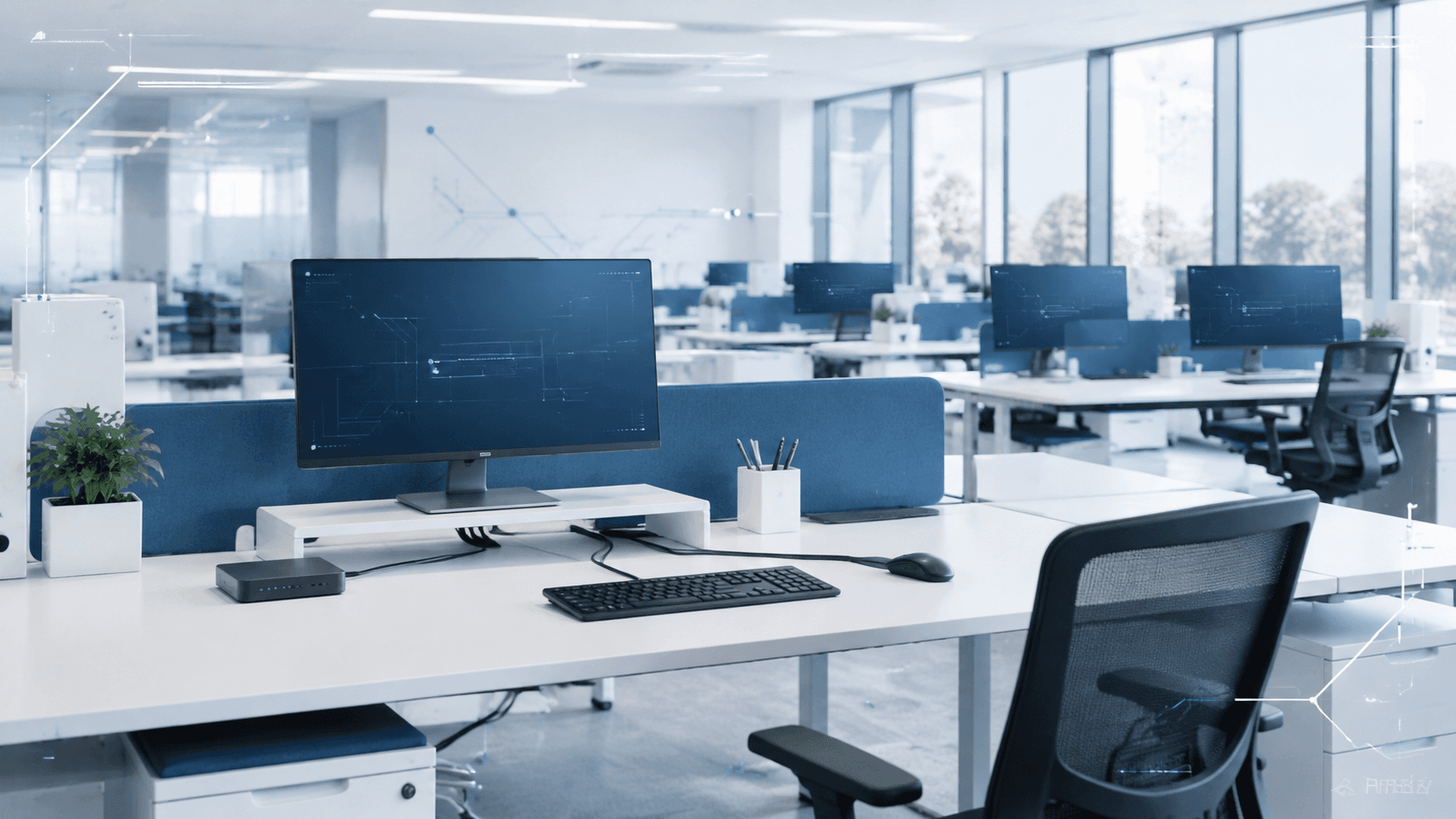 Postazioni di lavoro moderne in un ambiente standardizzato.